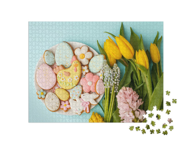 Puzzle 1000 Teile „Köstliche Ostereikekse mit einer gelben Henne und gelben Tulpen“
