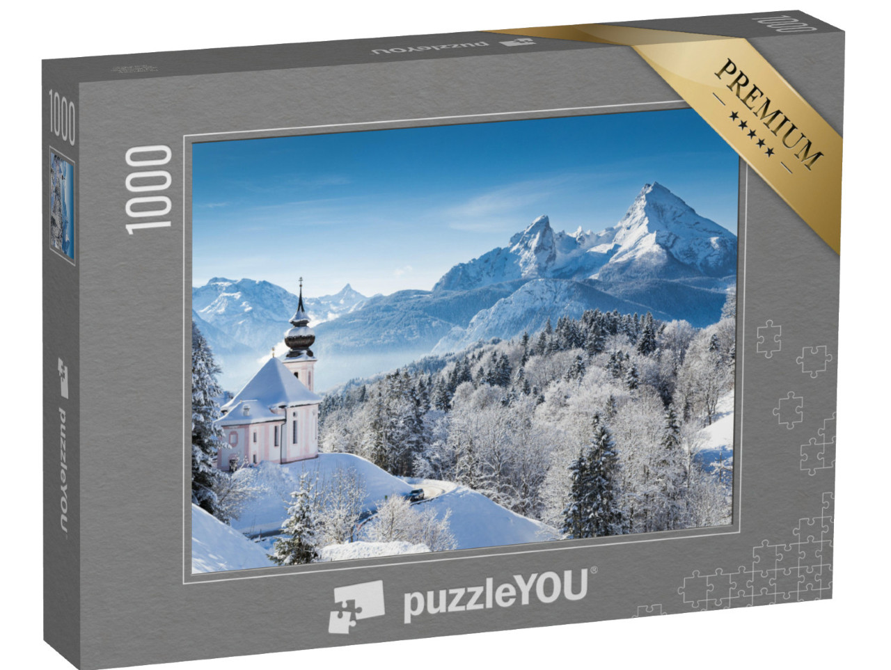 Puzzle 1000 Teile „Wallfahrtskirche und Watzmann-Gipfel im Winter, Berchtesgadener Land, Deutschland“