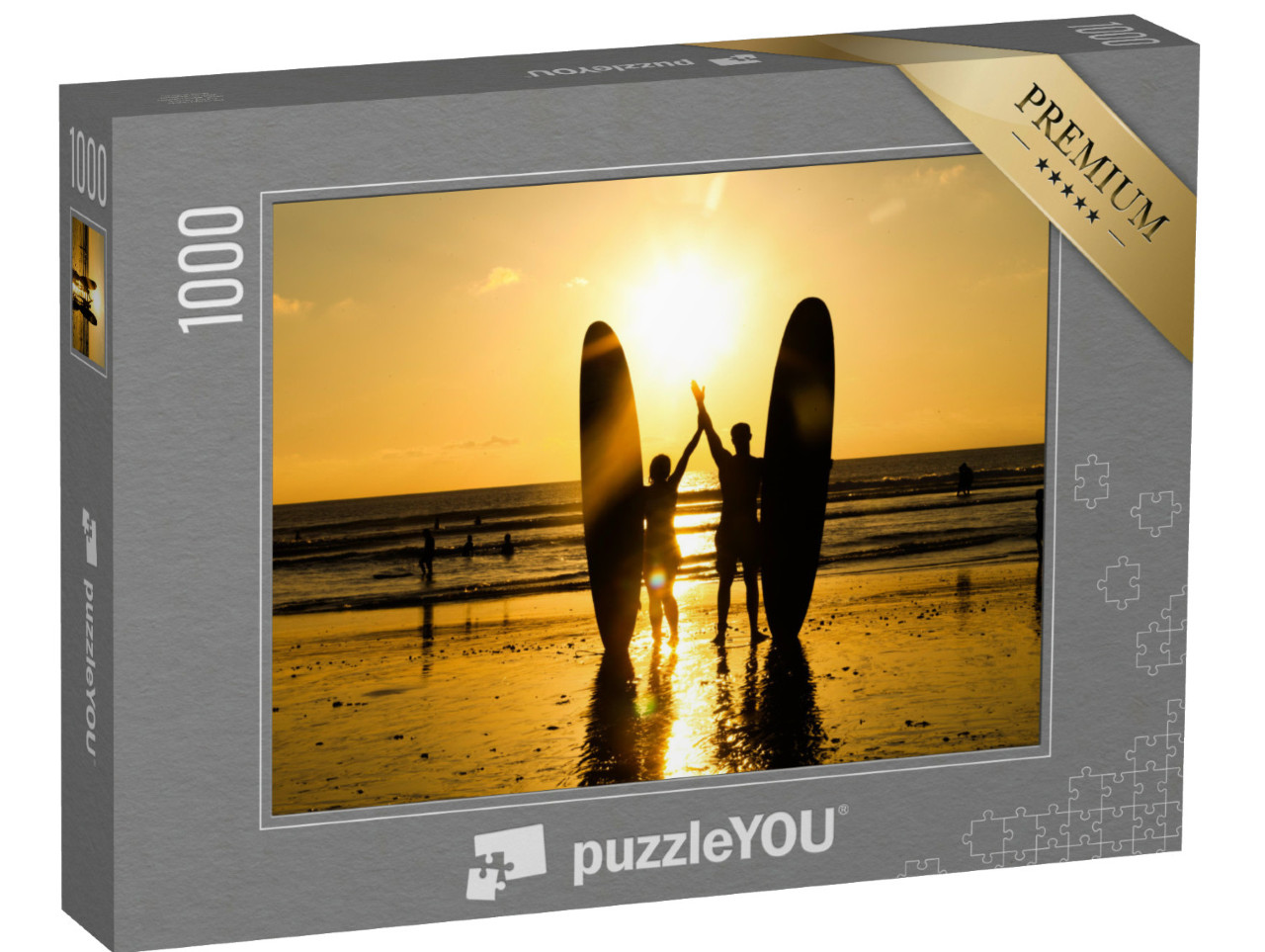Puzzle 1000 Teile „Surferpaar im Sonnenuntergang am Strand“