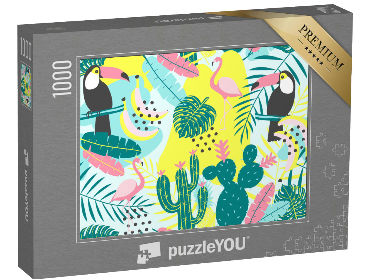 Puzzle 1000 Teile „Illustration: Tropisches Muster mit Tukan, Flamingo und Kaktus“