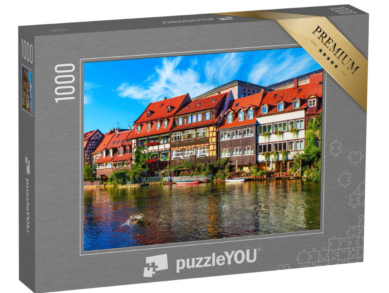 Puzzle 1000 Teile „Sommerpanorama an den Molen der Altstadt in Bamberg, Deutschland“