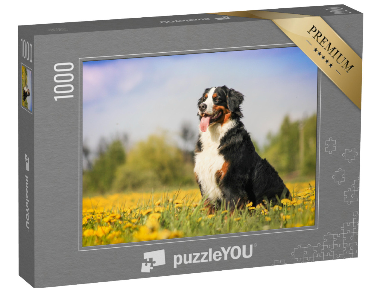 Puzzle 1000 Teile „Berner Sennenhund in schöner Frühlingsblumenwiese“