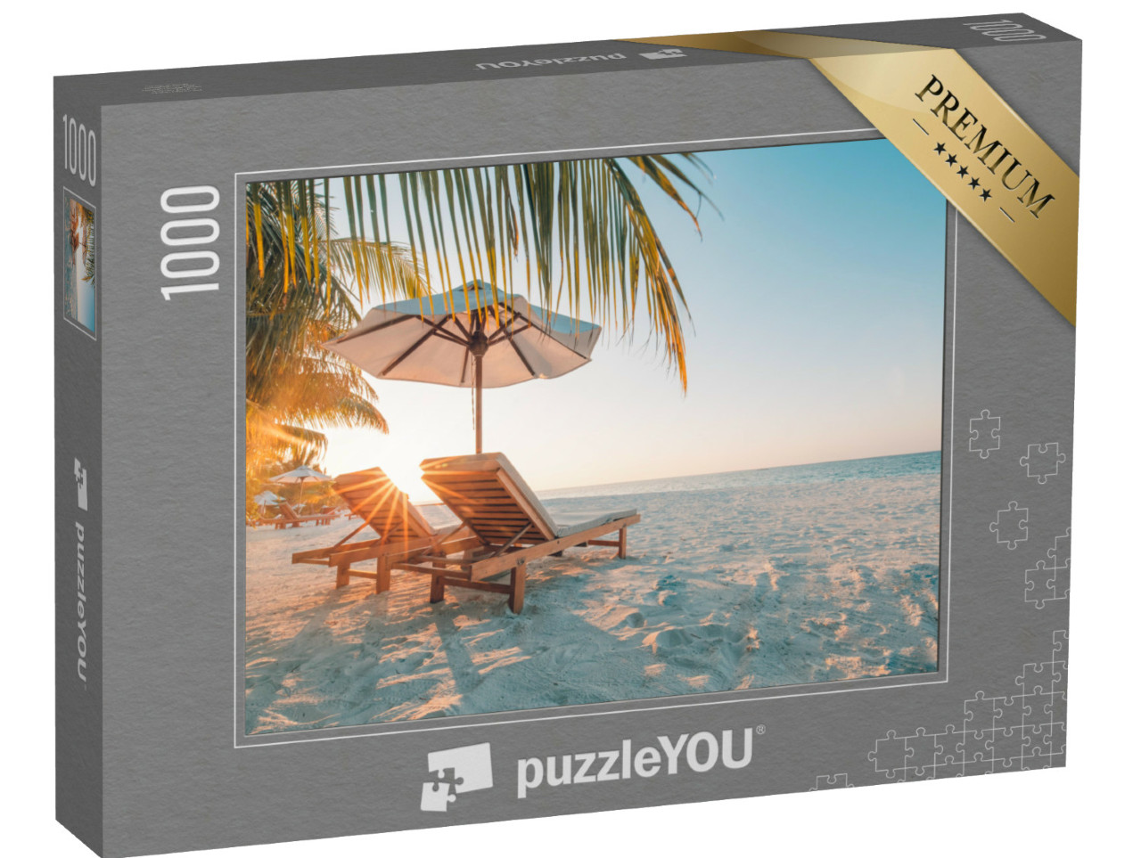 Puzzle 1000 Teile „Strandparadies mit weißem Sand im Sonnenuntergang“