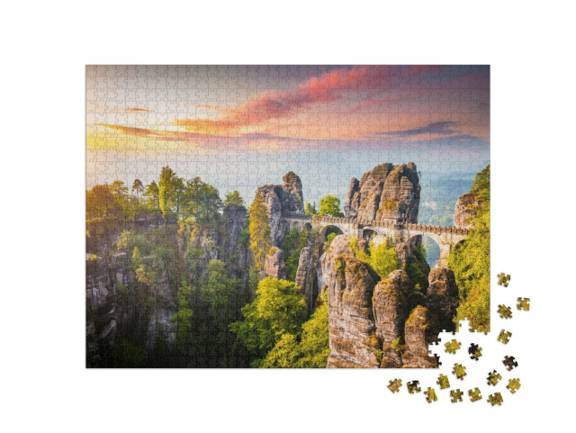 Puzzle 1000 Teile „Elbsandsteingebirge im Abendlicht mit Basteibrücke“