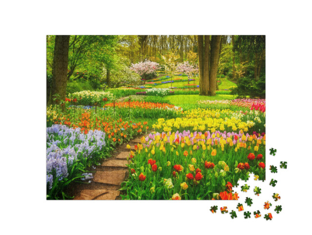 Puzzle 1000 Teile „Bunte Tulpenbeete im Park“