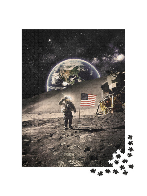 Puzzle 1000 Teile „Vintage -Astronaut mit Flagge auf dem Mond “