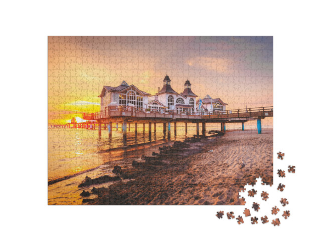 Puzzle 1000 Teile „Sonnenaufgang an der Selliner Seebrücke aus Rügen, Ostsee, Deutschland“