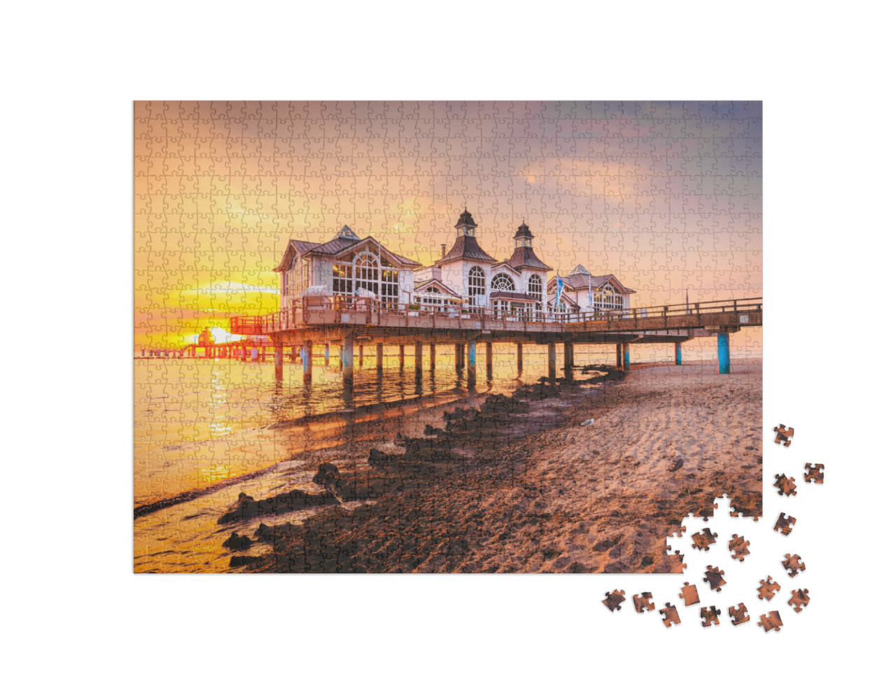 Puzzle 1000 Teile „Sonnenaufgang an der Selliner Seebrücke aus Rügen, Ostsee, Deutschland“