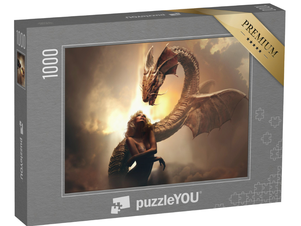 Puzzle 1000 Teile „Blondes Mädchen und Drache in Fantasiewelt“