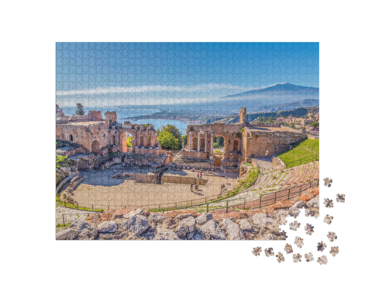 Puzzle 1000 Teile „Antikes griechisches Theater in Taormina vor dem Vulkan Ätna, Sizilien, Italien“