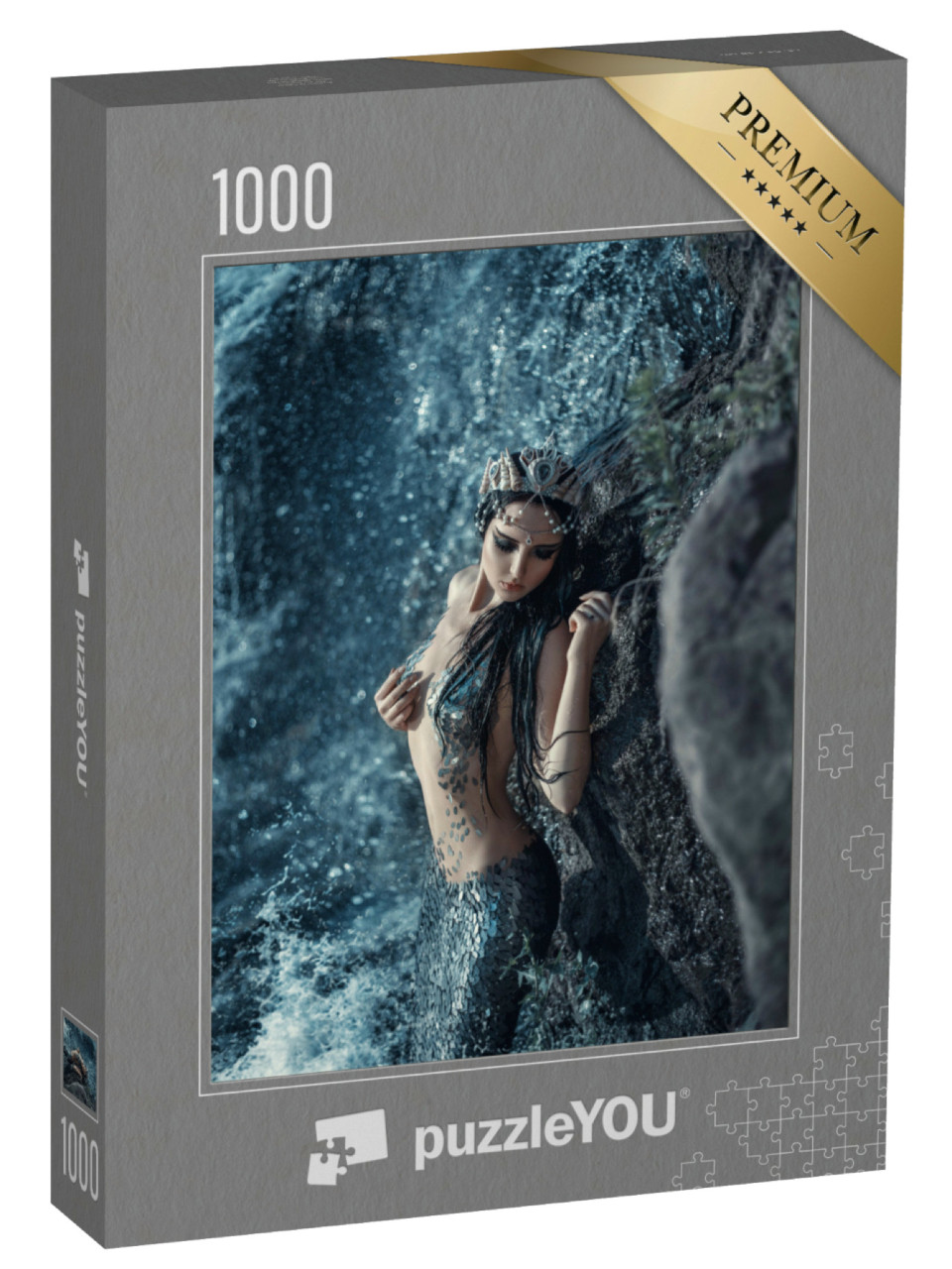Puzzle 1000 Teile „Gekrönte Meerjungfrau am felsigen Ufer des Ozeans“