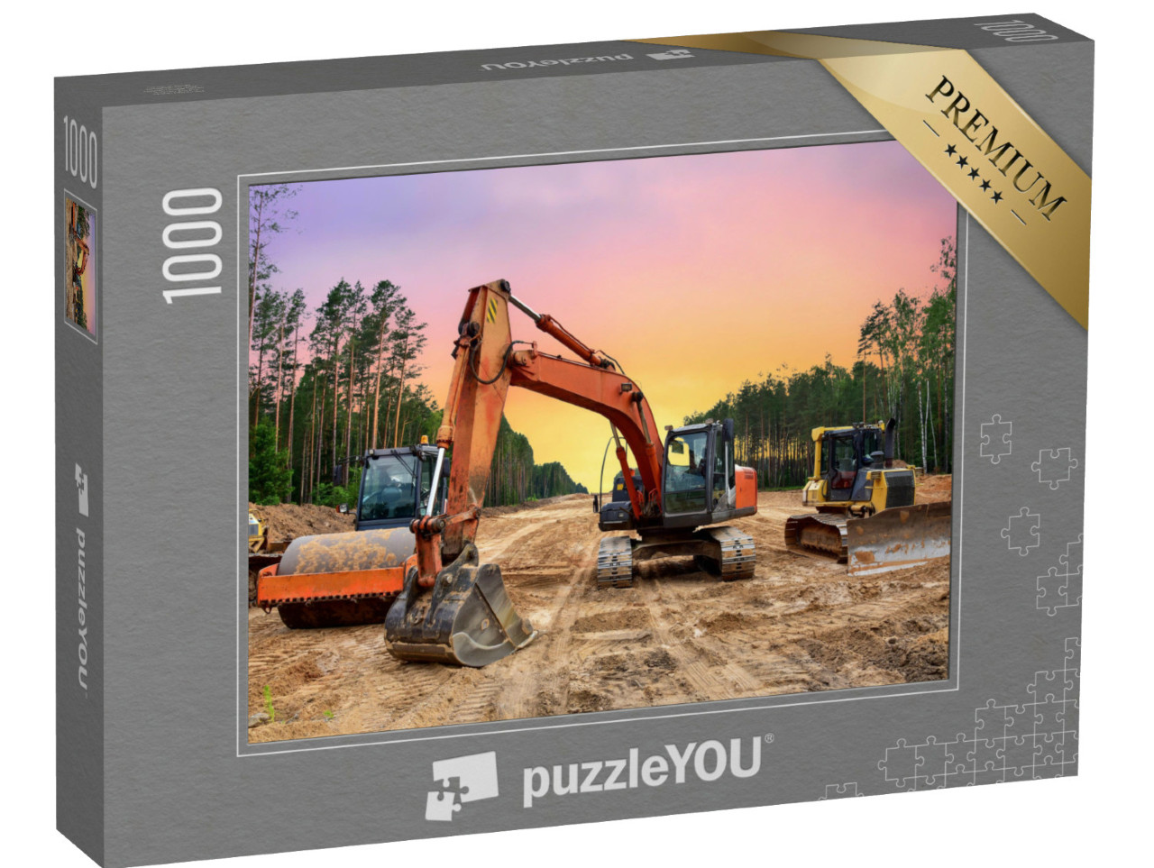 Puzzle 1000 Teile „Bulldozer, Bagger und Bodenverdichter bei Straßenbauarbeiten“