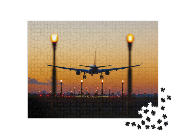 Puzzle 1000 Teile „Sonnenuntergang bei der Landung auf dem Flughafen Brüssel Zaventem“