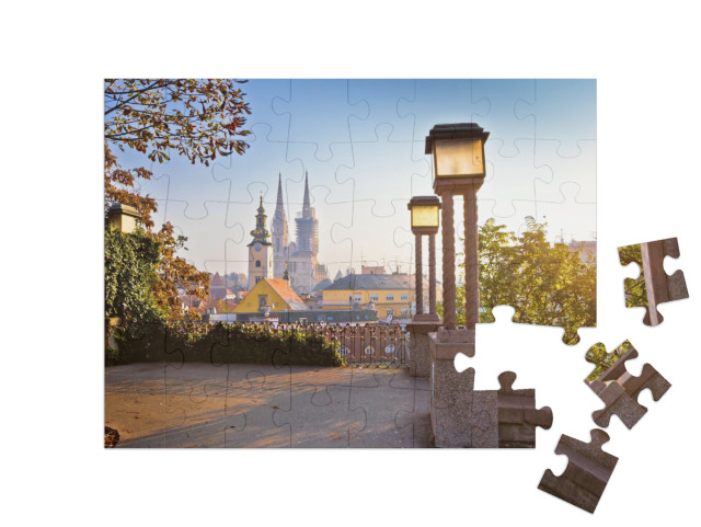 Puzzle 48 Teile „Türme von Zagreb bei Sonnenaufgang, Kroatien“