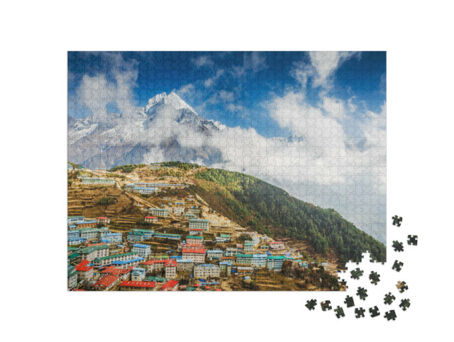 Puzzle 1000 Teile „Namche Bazar und Berg Thamserku, Everest-Basislager-Trek, Nepal“