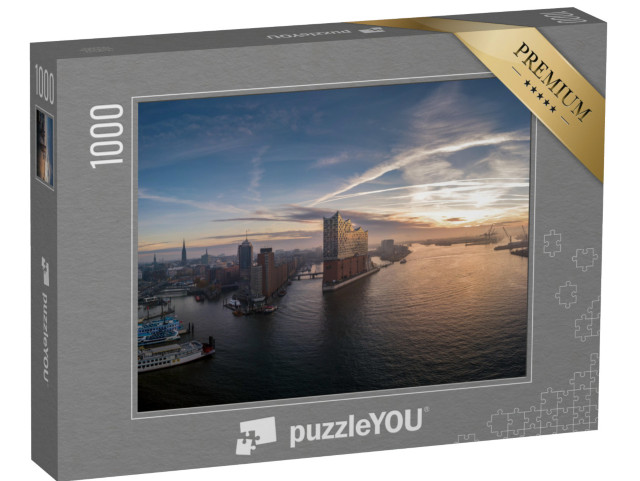 Puzzle 1000 Teile „Hamburger Hafen mit schönem Sonnenaufgang“