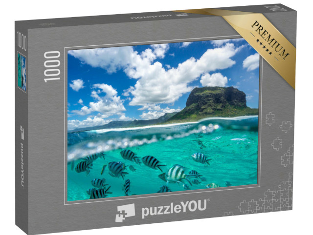Puzzle 1000 Teile „Zwei Welten treffen aufeinander - Berge und Unterwasserwelt auf einem Bild vereint“