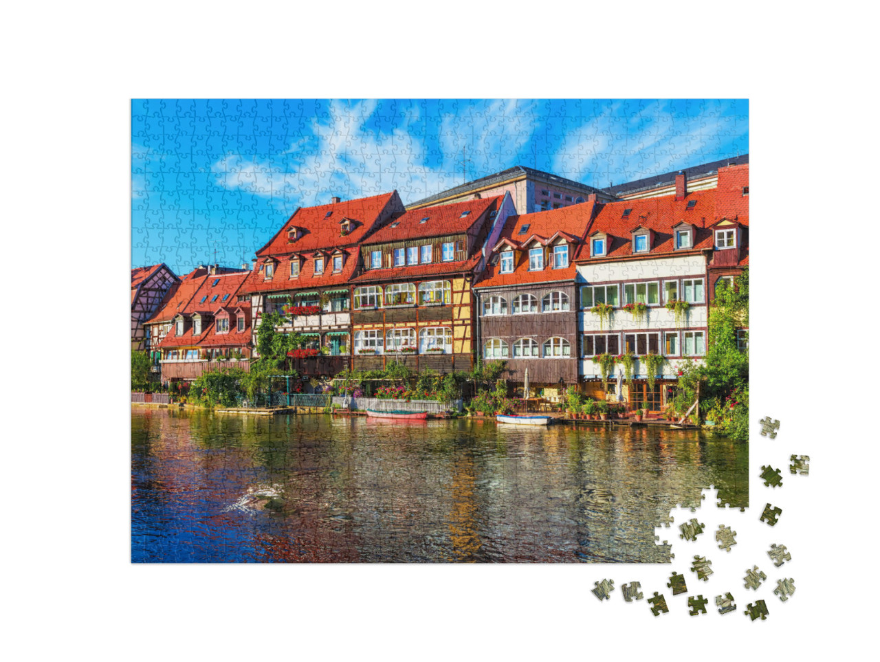 Puzzle 1000 Teile „Sommerpanorama an den Molen der Altstadt in Bamberg, Deutschland“