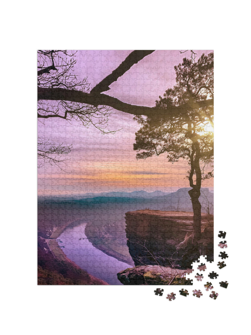 Puzzle 1000 Teile „Sonnenuntergang mit Blick auf die Elbe in der Sächsischen Schweiz, Deutschland“
