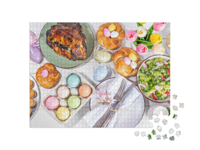 Puzzle 1000 Teile „Osterschokolade mit Schokoladenhasen und Ostereiern“