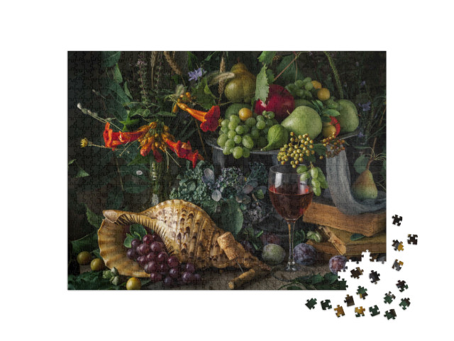 Puzzle 1000 Teile „Stillleben mit Obst und einem Glas Rotwein“