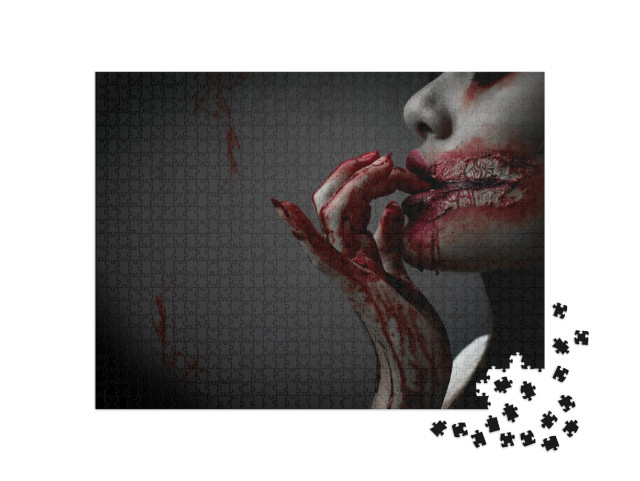 Puzzle 1000 Teile „Zombie-Frau mit Blut an der Hand und am Mund “