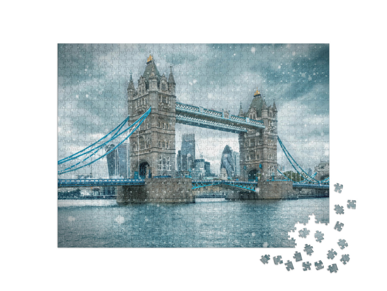 Puzzle 1000 Teile „Schneesturm an der Tower Bridge, London, Vereinigtes Königreich“