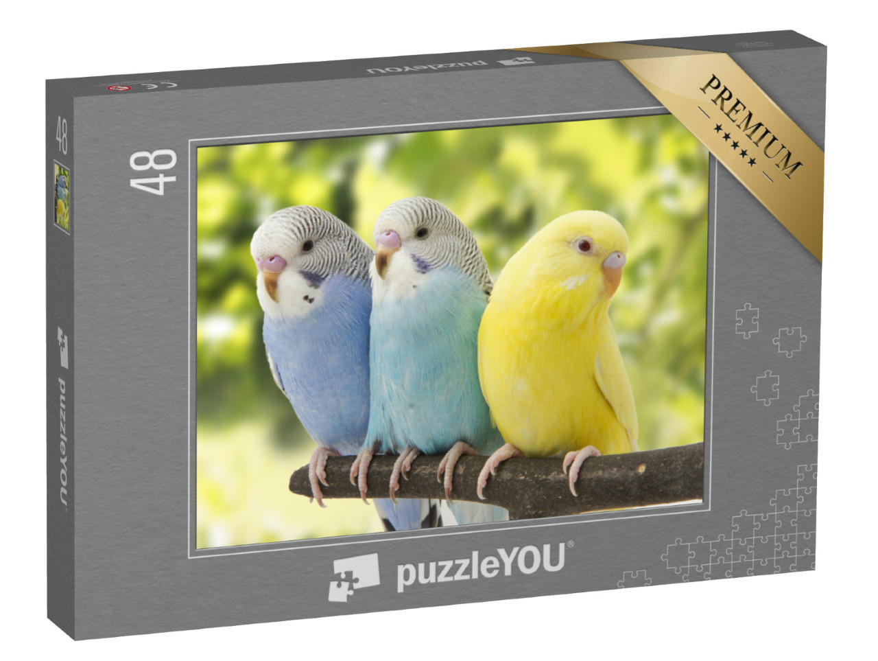 Puzzle 48 Teile „Drei Wellensittiche auf einem Ast“