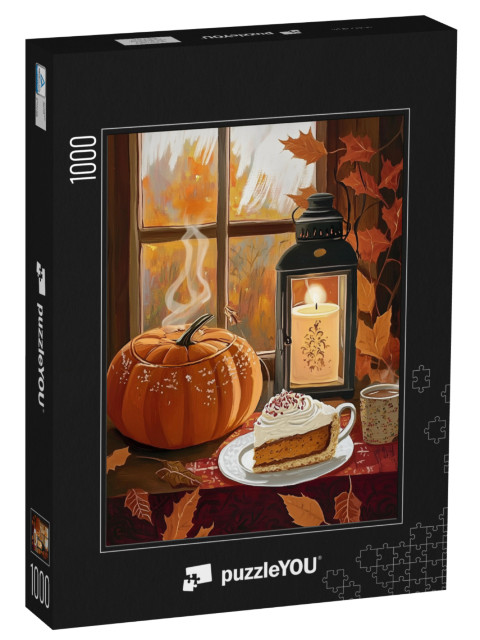 Puzzle 1000 Teile „Herbststimmung an Halloween mit Kürbis und Kuchen“