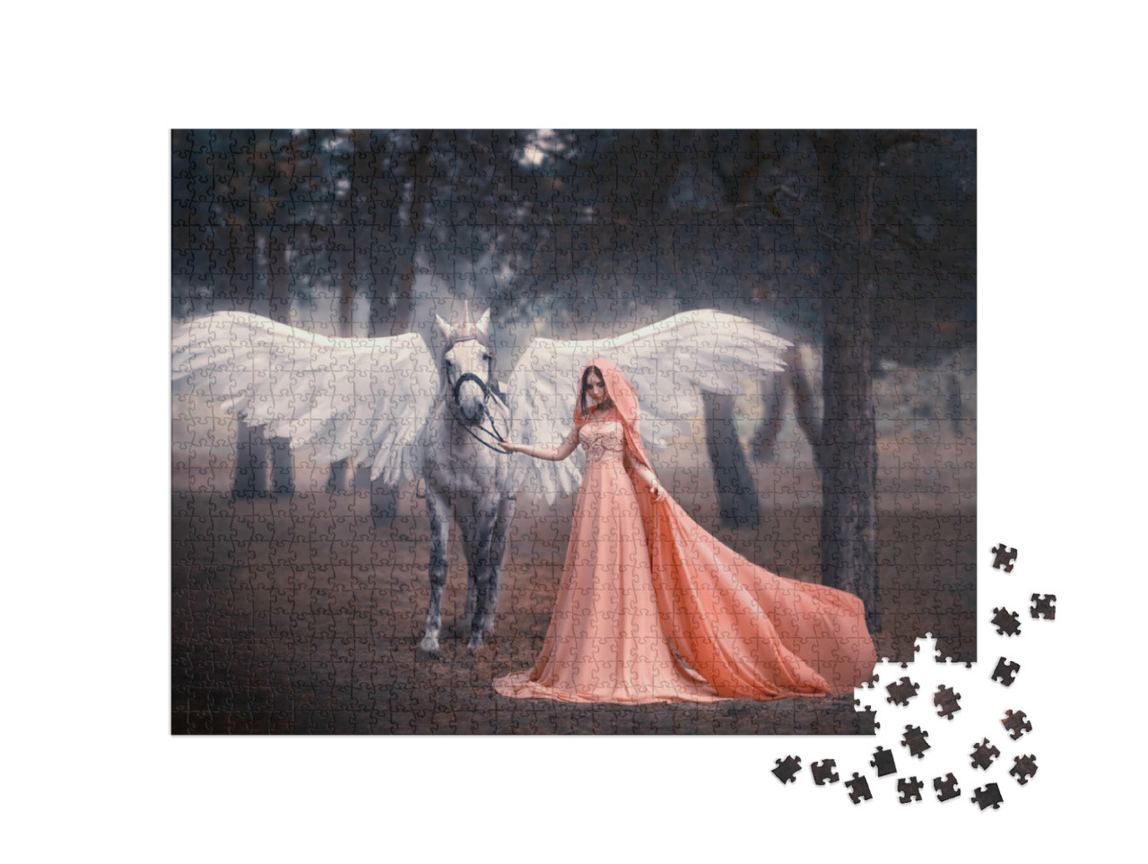 Puzzle 1000 Teile „Künstlerische Fotografie: Junge Elfenfrau  mit ihrem geflügelten Einhorn“