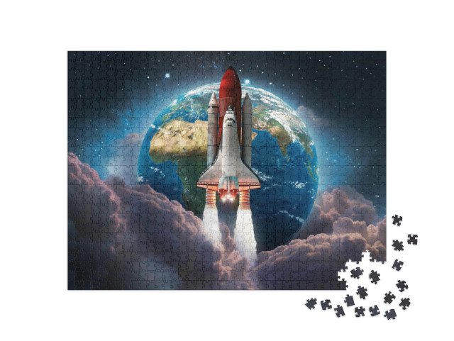 Puzzle 1000 Teile „Space Shuttle startet in den Weltraum, im Hintergrund die Erde“