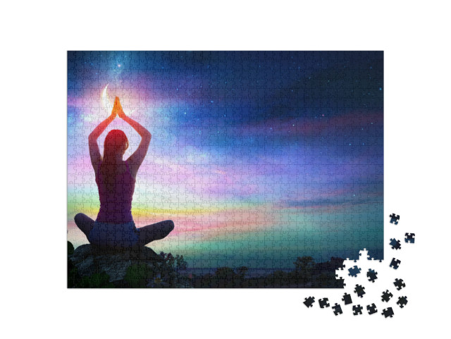 Puzzle 1000 Teile „Frau beim Yoga mit Lotusblumen und Chakra-Farbverlauf“