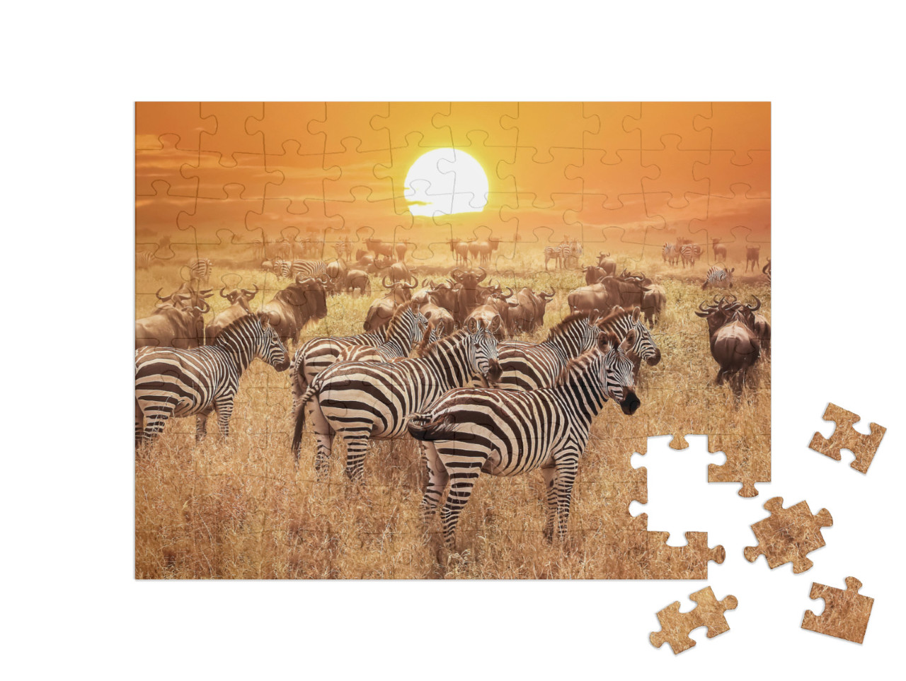 Puzzle 100 Teile „Zebra bei Sonnenuntergang im Serengeti-Nationalpark, Afrika, Tansania“