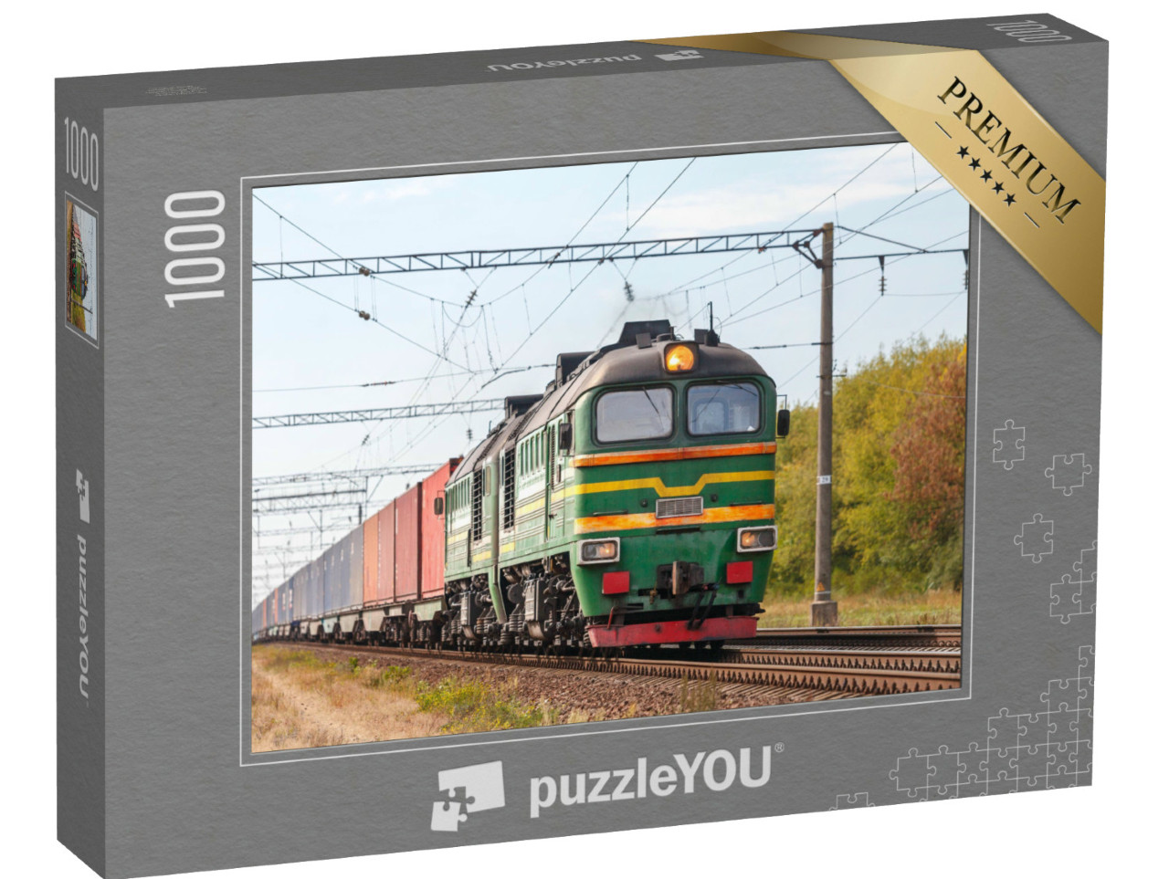 Puzzle 1000 Teile „Eine starke grüne Diesellokomotive 2M62 zieht einen Güterzug“