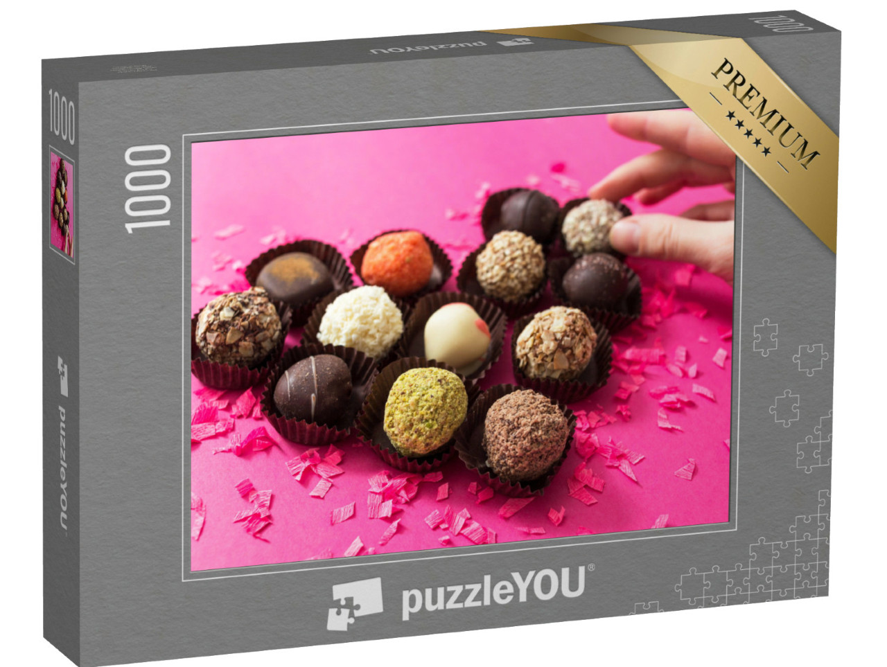 Puzzle 1000 Teile „Romantik am Valentinstag: Ein Herz aus Schokoladenpralinen“