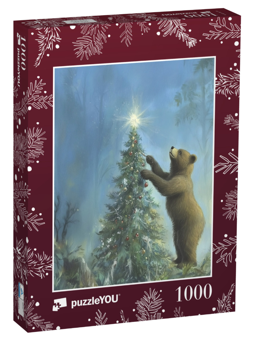 Puzzle 1000 Teile „Brauner Bär dekoriert Weihnachtsbaum im Winterwald“