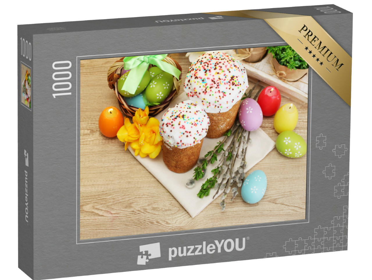 Puzzle 1000 Teile „Osterkuchen mit bunten Eiern und Ostereikerzen“