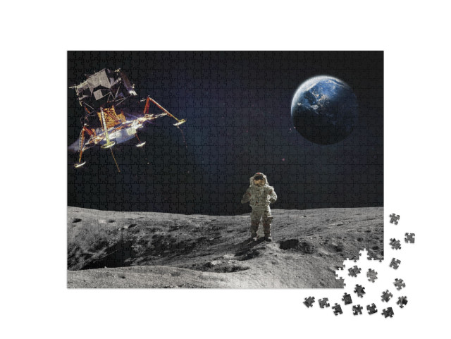 Puzzle 1000 Teile „Mondoberfläche mit Astronaut und landendem Raumschiff“