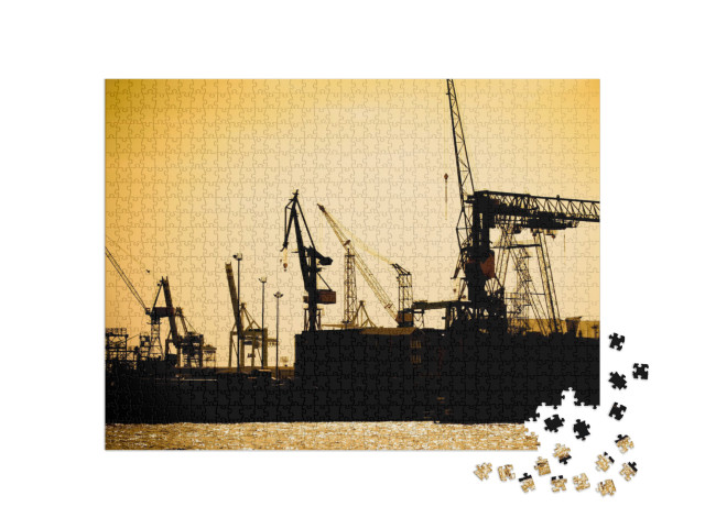 Puzzle 1000 Teile „Sonnenuntergang im Hafen von Hamburg“