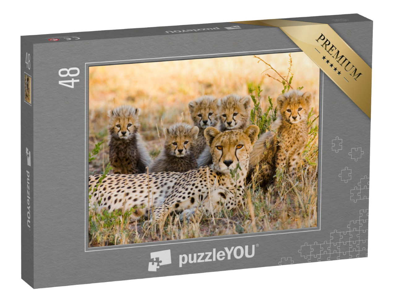 Puzzle 48 Teile „Gepardenmutter und ihre Jungtiere in der Savanne, Kenia“