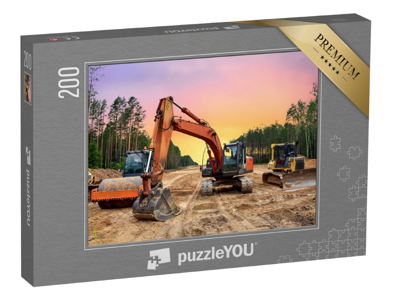 Puzzle 200 Teile „Bulldozer, Bagger und Bodenverdichter bei Straßenbauarbeiten“