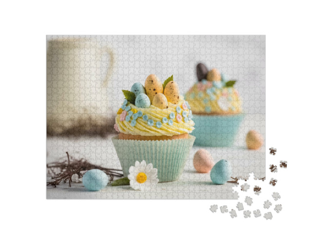Puzzle 1000 Teile „Ostercupcake dekoriert mit gelb blauen Eiern“