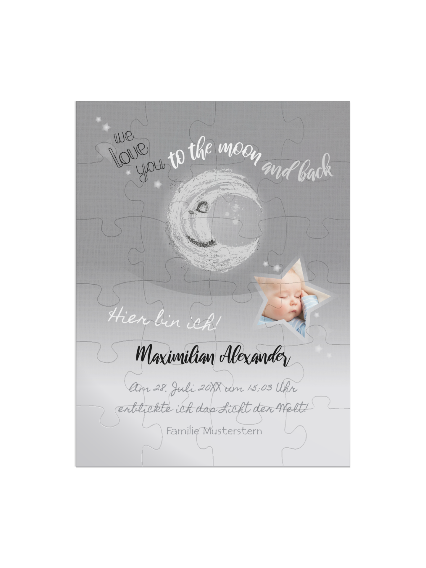 "To the moon" in Hochformat grau