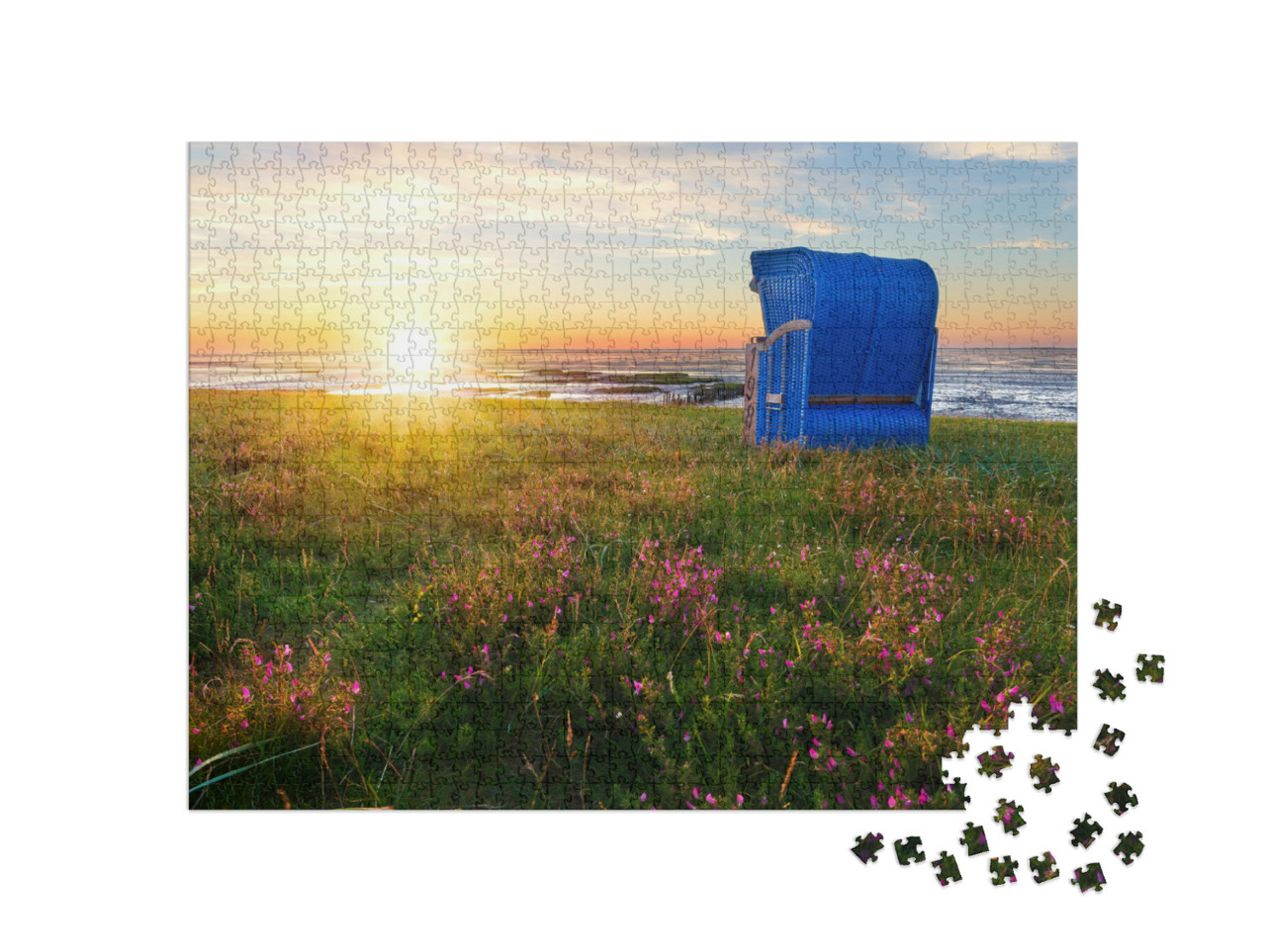 Puzzle 1000 Teile „Strandkörbe am Strand von Harlesiel, Ostfriesland bei Sonnenuntergang“