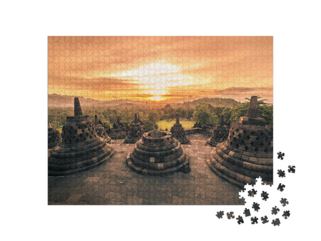 Puzzle 1000 Teile „Der Borobudur-Tempel bei Sonnenuntergang, Yogyakarta, Java, Indonesien“