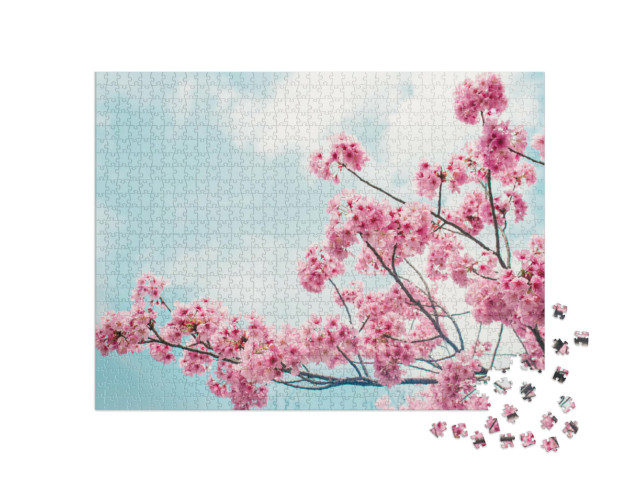 Puzzle 1000 Teile „Bezaubernde blühende Kirschzweige unter blauem Himmel“