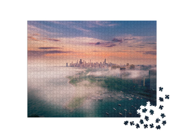 Puzzle 1000 Teile „Chicago und Lake Michigan bei Nebel“