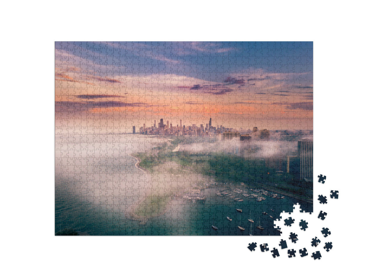Puzzle 1000 Teile „Chicago und Lake Michigan bei Nebel“