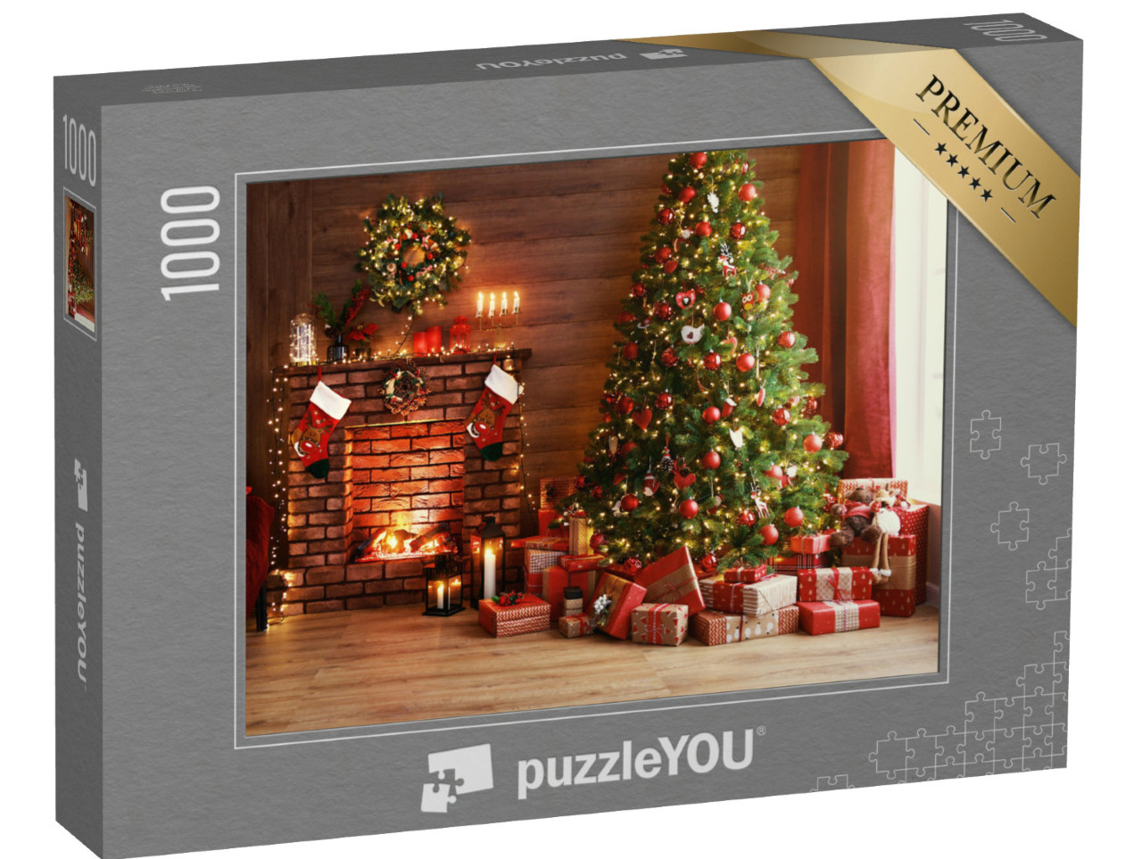 Puzzle 1000 Teile „Weihnachtszauber: leuchtender Baum, warmes Kaminfeuer und Geschenke“