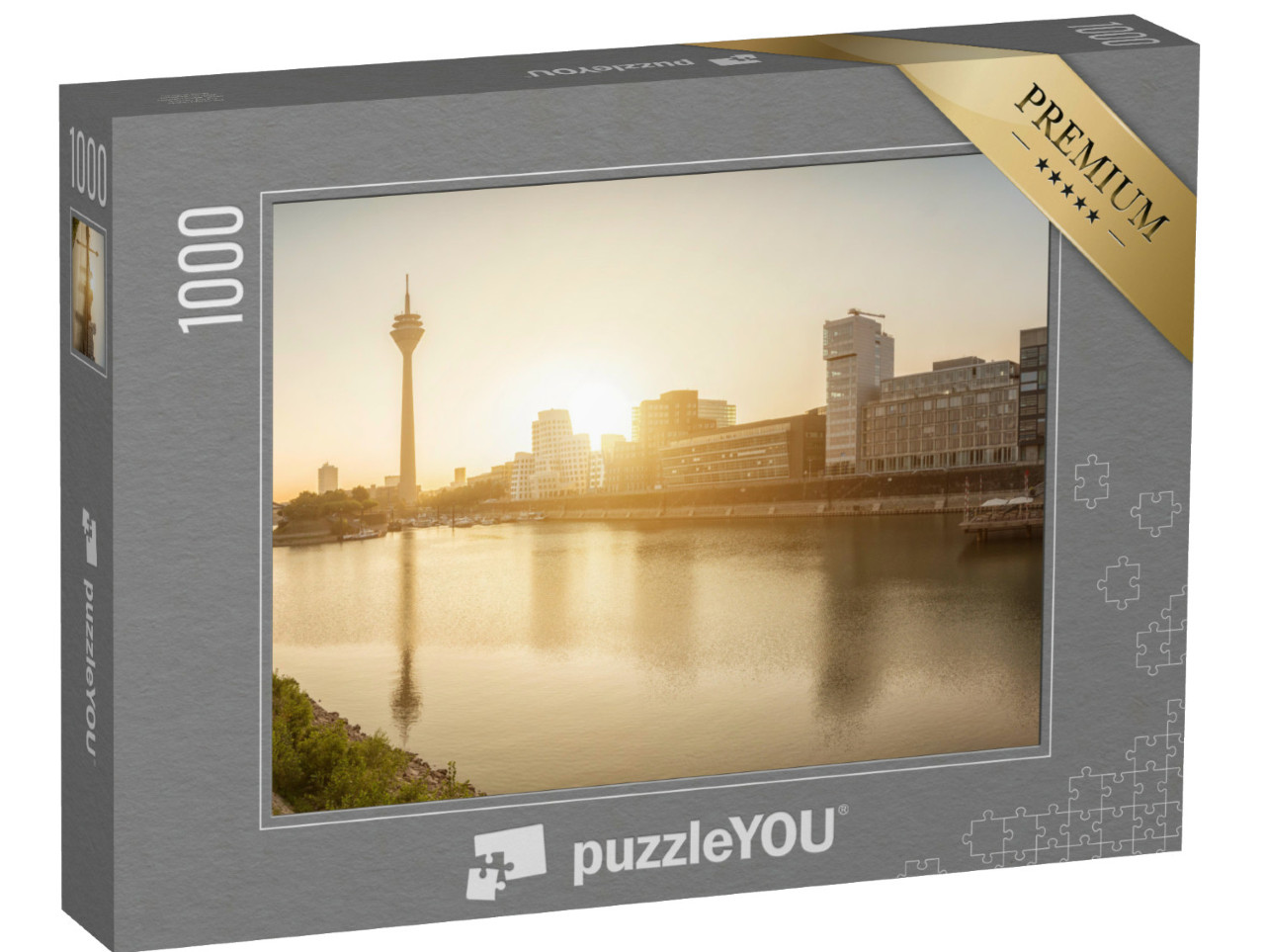 Puzzle 1000 Teile „Sonnenaufgang über Düsseldorf, Hauptstadt von Nordrhein-Westfalen“